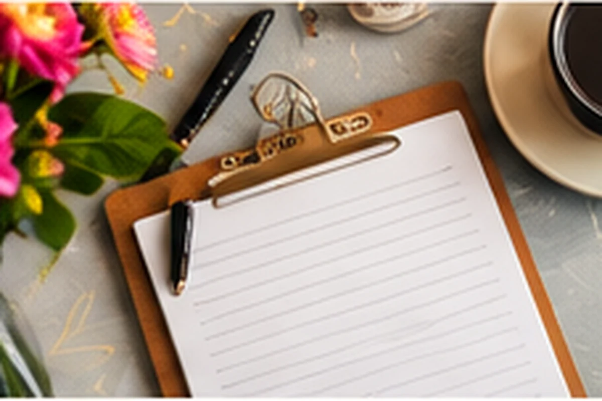 Colorful party planning desk with clipboard and flowers