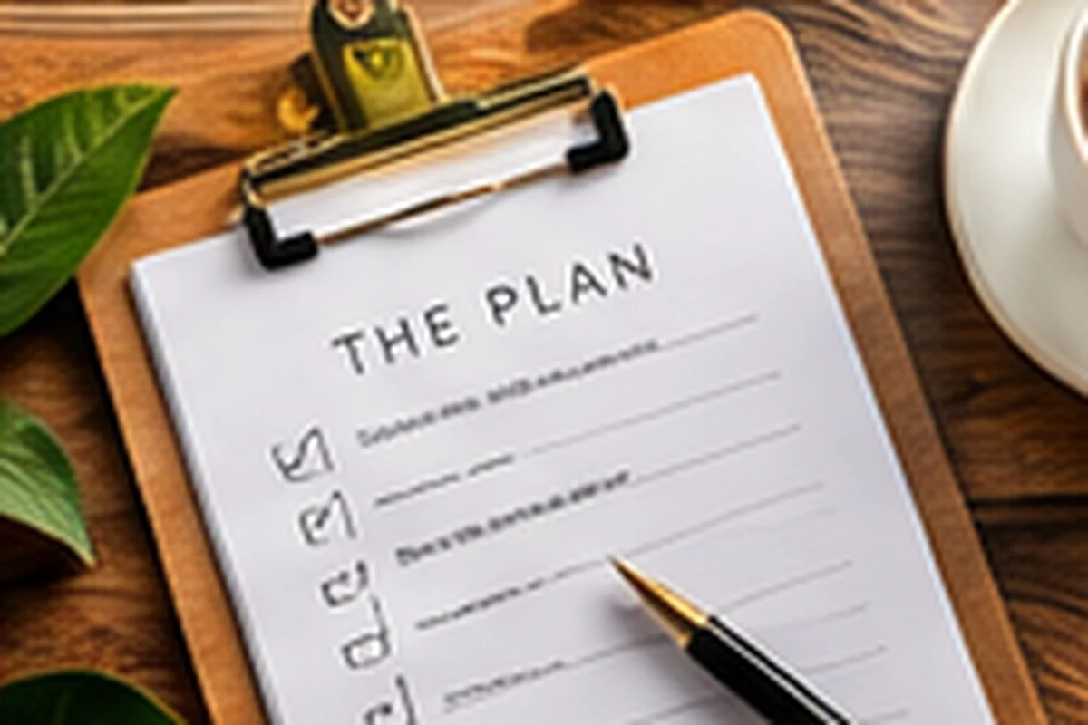 Party planning clipboard beside coffee and greenery