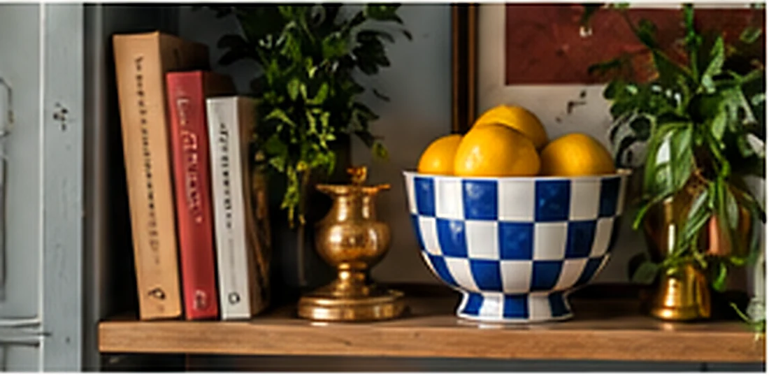 Collected home details with books and brass
