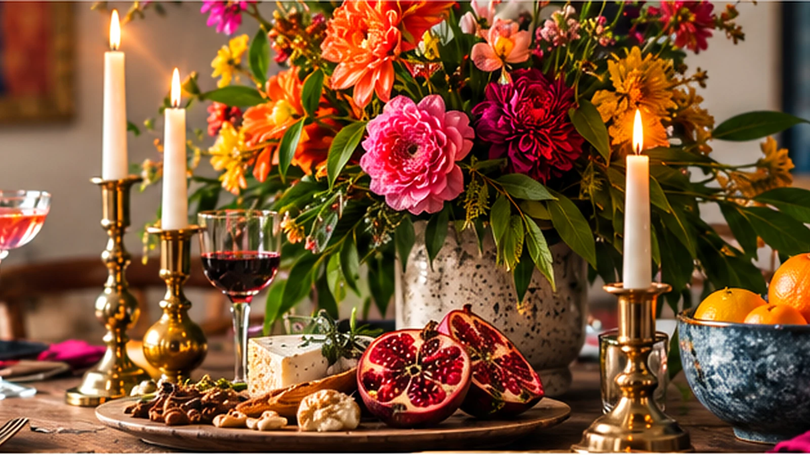 Richly layered dinner table with candlelight, colored glassware and collected serving pieces